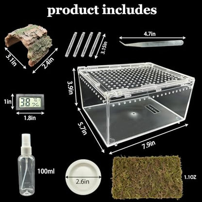 Reptile Terrarium Kit Small Gecko Tank Tarantula Isopods Insect Enclosure | Hermit Crab Tank,Acrylic,Box Packaging,with Moss Bottle Stands Tweezer Thermometer Hideout Food Bowl,for Frog Scorpion