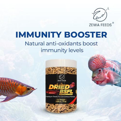 Dried Black Soldier Fly Larvae - 100% Natural, Protein Rich Fish Food for Arowana, Flower Horn, Oscar, Parrots, Reptiles (75 g/2.65 Oz/500 ml)