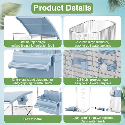 Novabright No Mess Bird Feeder Water Dispenser Set, Automatic Transparent Bird Food Container and 12 oz Automatic Water Feeder for Small Birds Parrot, Cockatoo, Canary, Cage, Lovebird, Budgies(Blue) - color: Blue