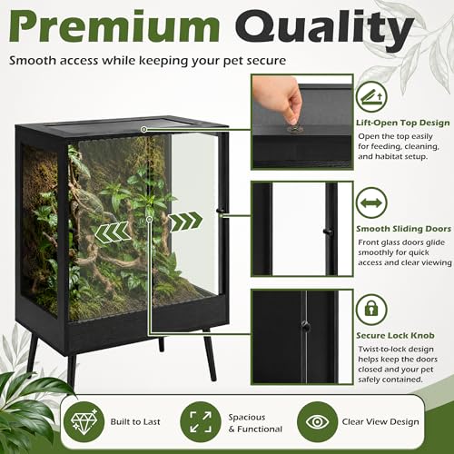 32" x 18" x 36" Tall Reptile Terrarium with Leg Stand, 90 Gallon Vertical Glass Chameleon Cage with Front Opening Doors, Ventilated Mesh Top, Rainforest Habitat for Arboreal Reptiles, Black