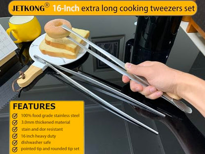 JETKONG 2 Pcs 16-Inch Kitchen Tweezers Extra Long Tweezer Tongs, Heavy Duty Stainless Steel Cooking Tweezers (Silver) - color: Silver, size: 16+16 Inch