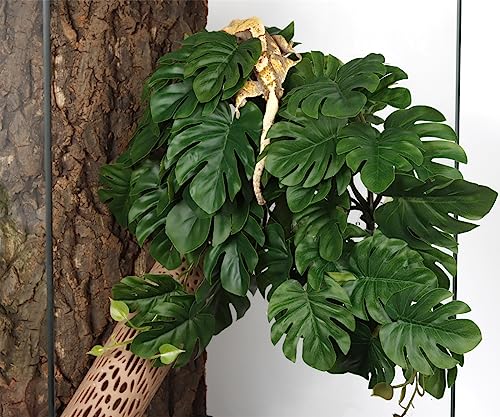 Reptile Terrarium Plants, Hanging Fake Monstera with Suction Cups | Fits Gecko Snake Ball Python Frog Amphibian Habitat Décor - color: Fake Monstera