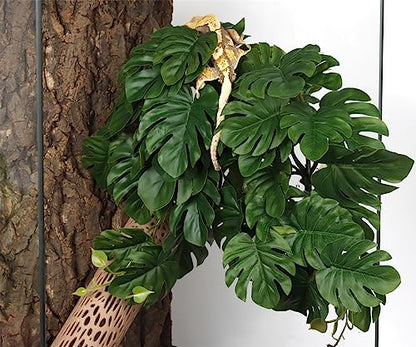 Reptile Terrarium Plants, Hanging Fake Monstera with Suction Cups | Fits Gecko Snake Ball Python Frog Amphibian Habitat Décor - color: Fake Monstera