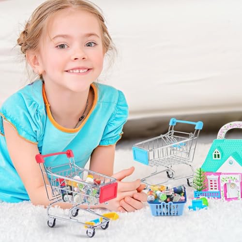 134pcs Mini Shopping Cart Basket Miniature Food Drink Bottle Supermarket Metal Handcart Toys Doll House Store Cosplay Game Dollhouse Grocery Fruit Cake Bread Party Trolley Model Dollar Bills - style: Shopping Cart