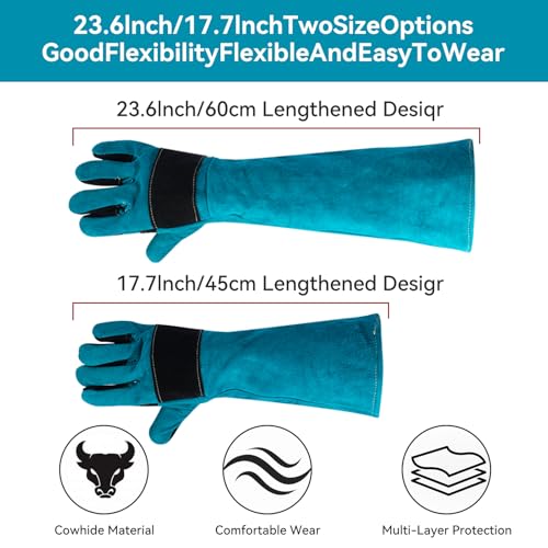 Animal Handling Gloves – Bite-Proof, Multi-purpose, Pet Leather Gloves with Padding - color: Blue, size: 17.7
