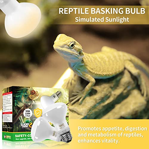 LUCKY HERP New Upgrade 50W Reptile Heat Lamp Bulb (3rd Gen, Safer), Amphibian Basking Spot Light Bulb, UVA Reptile Daylight Bulb for Turtle, Bearded Dragon, Lizard Heating Use (2 Pack) - size: 50