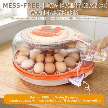 Series V-Fully Automatic 26 Egg Incubator, Spill-Proof Bottle-Free Water System, Precise Sensor-Based Humidity & Temp Control, Adjustable Auto Egg Turn, Preset Incubation Days (26-Egg-Orange) - size: 26-Egg-Orange