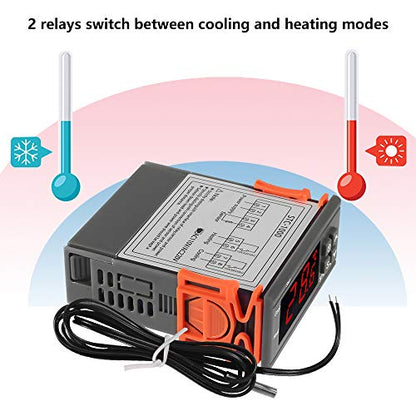 Dorhea STC-1000 Digital Temperature Controller AC 10A 220V Digital LED Temperature Controller Heating Cooling Centigrade Thermostat 2 Relays Output with NTC Sensor Probe(220V) - color: 110V-220V