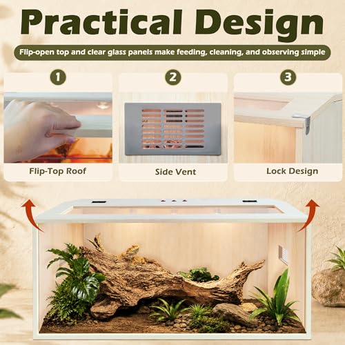 Bearded Dragon Tank,Wooden Reptile Tank and Lizard Tank,Tempered Glass Large Bearded Dragon Enclosure with Built-in Lamp Fixture (40X20X20inch,65 Gallons) - color: Wooden Roof, size: 40X20X20inch,65 Gallons