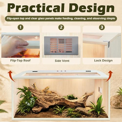 Bearded Dragon Tank,Wooden Reptile Tank and Lizard Tank,Tempered Glass Large Bearded Dragon Enclosure with Built-in Lamp Fixture (40X20X20inch,65 Gallons) - color: Wooden Roof, size: 40X20X20inch,65 Gallons