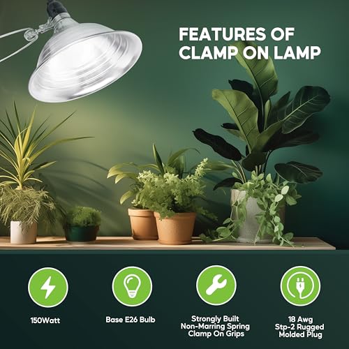 HealSmart 8.5" Clamp Light Socket, 150-Watt Maximum with 6 Feet 18/2 SPT-2 Cord, Aluminum Reflector E26 (no Bulb Included), for Reptiles and Plants Growing, 2-Pack - size: 8.5 Inch (150 Watts), style: 2-Pack