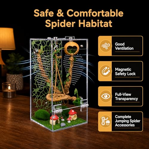 Jumping Spider Enclosure Kit, Acrylic Terrarium & 19PCS Accessories | Pre-Assembled Jumping Spider Enclosure Kit with Decor, Front Opening Spider Terrarium, Ventilated Jumping Spider Habitat