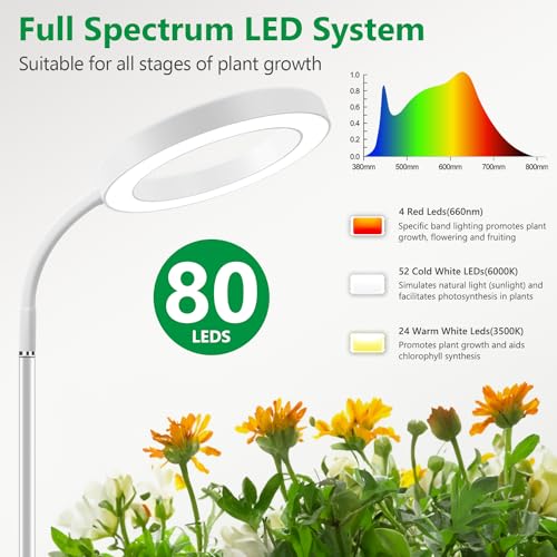 Aumtrly Floor Grow Light Full Spectrum with 68" Stand for Tall Indoor Plant | 80 LED Growing Lamp for Large Plants with 6/12/16H Timer, 5 Dimming, White Halo Design, Adjustable Height, Flexible Gooseneck - size: 1 head 68inch/white