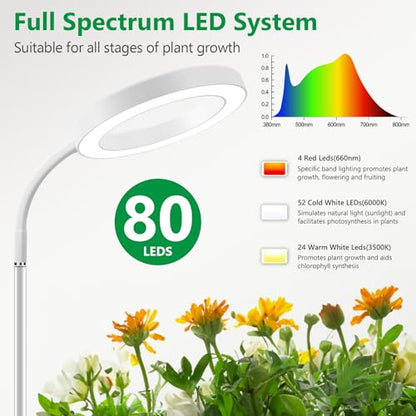 Aumtrly Floor Grow Light Full Spectrum with 68" Stand for Tall Indoor Plant | 80 LED Growing Lamp for Large Plants with 6/12/16H Timer, 5 Dimming, White Halo Design, Adjustable Height, Flexible Gooseneck - size: 1 head 68inch/white