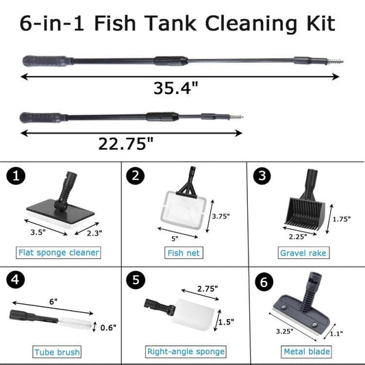 AQUANEAT 6 in 1 Fish Tank Cleaning Tools, Aquarium Cleaner Set with Adjustable Handle, Including Algae Scraper, Sponge Pad, Fish Net, and Brush - size: Large