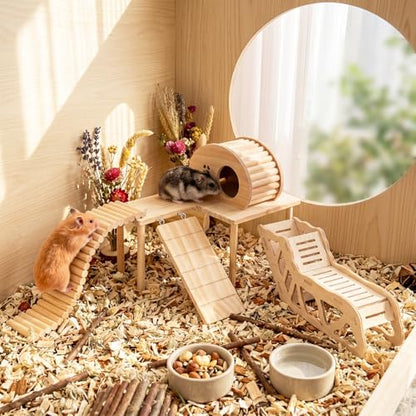 BreezeHug 4 Pcs Hamster Cage Accessories Hamster Platform Hideout Wooden Tunnel Ladder Playhouse Game Climbing Toy with Platform for Pets Dwarf Syrian Mice Degus Gerbils Squirrel(Table) - style: Table