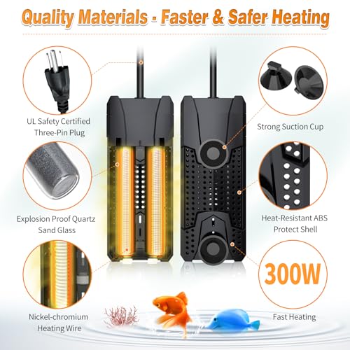 Submersible Aquarium Heater,300W/500W/800W/1000W Fish Tank Heater | 20-300 Gal Aquarium Heater for Fresh & Saltwater, Intelligent Leaving Water Automatica Stop Heating, Overheating Protection