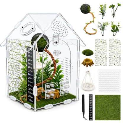 Jumping Spider Enclosure Kit, 5x5x8 Acrylic Terrarium Starter Set | Front-opening design Vertical habitat layout,Transparent viewing panels for desks, shelves and pet rooms