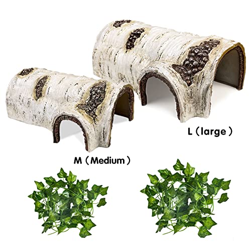 Reptile Hide Caves Simulation Tree Hideout Snake Hide - Medium | Leopard Gecko Terrarium Plastic Plant Leaves Ornament Habitat Shelter Decor for Lizard Hermit Crab Spider Frog Amphibians