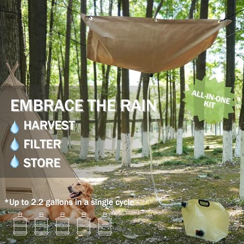 Tredre Hanging Rainwater Collection Kit: 5x5FT Waterproof Tarp & 2.2 Gal Foldable Water Tank | Portable Water Storage for Camping, Hiking, Emergency Survival | Garden, Off-Grid Use