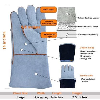 Welding Gloves Heat Resistant Leather Fireproof Gloves 14 In Grey | Welders Gloves for MIG TIG Stick, Grill Gloves Mitts for BBQ,Oven,Forge,Fireplace,Fire Pit,Furnace,Wood Stove,Dry Ice,Baking - color: 14 Inches Grey