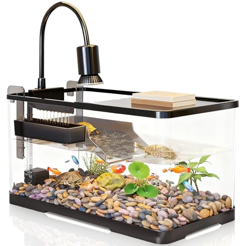 (Tank + Light +Pump + Filter + Filter Balls) Turtle Tank Kit, Turtle Tank Starter Kit,Bottom Drainage, Multi-Function Areas for Turtles, Crabs,Fishes, Amphibians,Reptiles. (15.75 x 8.64 x8.64 Inch) - size: M+Light+Pump+Filter+Filter Balls