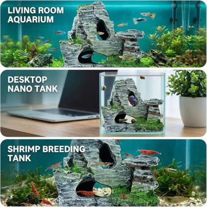 Artificial Moss Rock Aquarium Stone Cave – Resin Fish Tank Decor for Hiding and Landscaping, Small Mountain Terrain Ornament, Natural-Looking Habitat for Fish, Shrimp, and Reptiles, Decoration