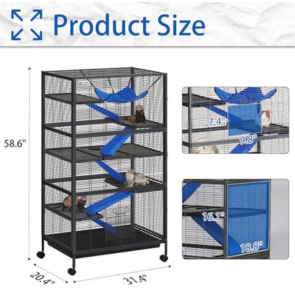 Polar Aurora Metal Small Animal Cage, 59" H Ferret Cage with Lockable Wheels, Deluxe Chinchilla Cages with Hammock and Removable Tray, 6 Tiers Animal Cages for Pets - size: Extra Large