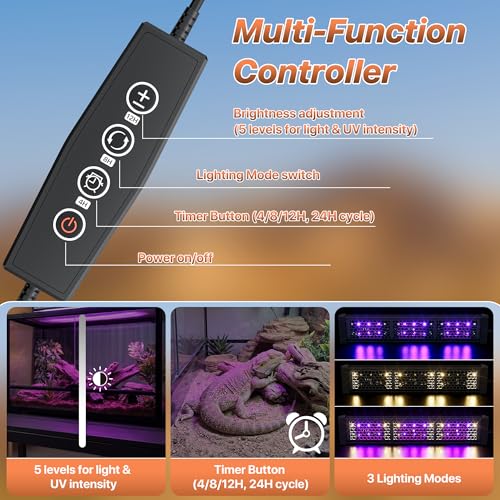 LED UVB Reptile Light with Timer & Dimmer (12inch) | 12W Full Spectrum UVA UVB Lamp with 3 Lighting Modes,5-Level Dimmable,4/8/12H Cycle Timer,for Bearded Dragon,Gecko,Tortoise - size: 12inch