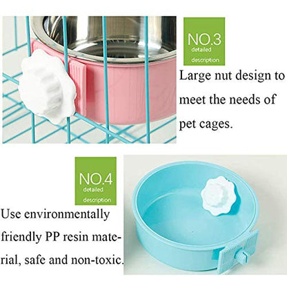 Stainless Steel Removable Pet Food Bowl, Anti-overturn Water Feeder Container, Suitable for Small Dog/Cat/Rabbit, 2 Set of Crate Bowls, Easy to Install and Clean - color: (Round) Pink/Blue