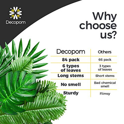 Palm Leaves Artificial Tropical Monstera-84Pcs 6 Kinds Large Small Green Fake Palm Leaf with Stems for Safari Jungle Hawaiian Luau Party Table Decoration Wedding Birthday Theme Party - style: 84 Pack