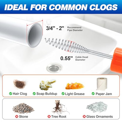 Drainsoon Auto Feed Drain Auger with Drill Adapter, 33 Feet Drain Snake Hair Clog Remover, Manual or Powered Plumbing Snake Drain Cleaner for Bathroom, Shower, Kitchen Sink, Comes with Gloves - color: Orange