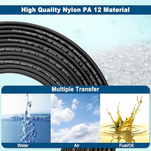 3/8" DOT Air Line, 100FT SAE J844 PA12 Nylon Air Tubing with Cutter | 3/8" DOT-Approved Brake Line, Flexible PA12 Nylon Tubing for Air Suspension Kit, Truck Trailer Brake System & Fluid Transfer - size: 3/8" OD 100FT