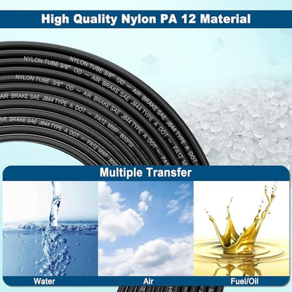 3/8" DOT Air Line, 100FT SAE J844 PA12 Nylon Air Tubing with Cutter | 3/8" DOT-Approved Brake Line, Flexible PA12 Nylon Tubing for Air Suspension Kit, Truck Trailer Brake System & Fluid Transfer - size: 3/8" OD 100FT