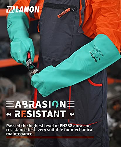 LANON 18" Long Nitrile Chemical Resistant Gloves,Unlined,Green,Large | Heavy-Duty Work,Cleaning,Dishwashing,Waterproof,Reusable,Comfortable,Durable,Non-Slip,Latex Free,Acid,Alkali & Oil Protection - size: Large (Pack of 1)