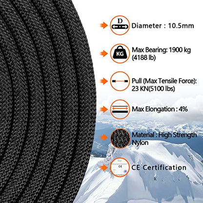 AOLEBA 10.5 mm Static Climbing Rope 10M(32ft) 20M(64ft) 30M(96ft) 50M(160ft) 70M(230ft) Outdoor Rock Climbing Rope, Escape Rope Ice Climbing Equipment Fire Rescue Parachute Rope - color: Black 01, size: 32ft