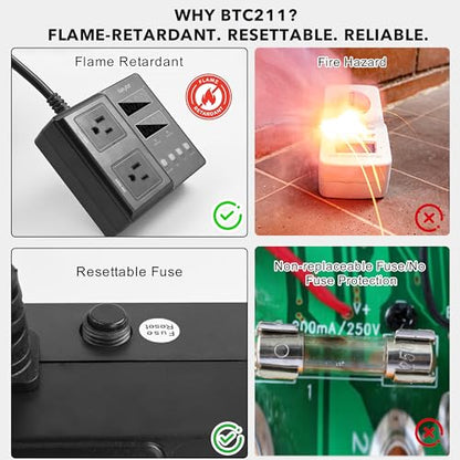 BTC211 Temperature Controller 1650W 15A | Dual Digital Outlet Thermostat Plug, Pre-Wired, 2 Stage Heating&Cooling Mode, 110V - 240V, Fermentation BBQ Reptile Aquarium