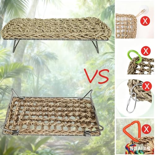 Natural Seagrass Reptile Hammock Bed with Adjustable Metal Legs, Large Elevated Resting Platform for Bearded Dragon, Lizard, Gecko, Snake, Turtle & Terrarium Pets, Includes Humidity Meter
