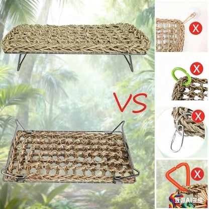 Natural Seagrass Reptile Hammock Bed with Adjustable Metal Legs, Large Elevated Resting Platform for Bearded Dragon, Lizard, Gecko, Snake, Turtle & Terrarium Pets, Includes Humidity Meter