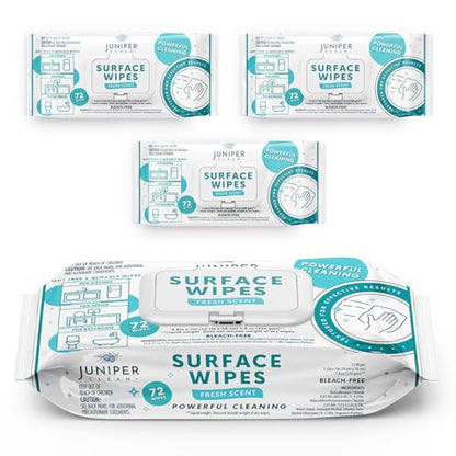 Juniper CLEAN 3 Pack Surface Cleaning Wipes Bleach Free, All-Purpose Cleaner for Bathroom, Kitchen, Office, 72 Count Soft Flow, Fresh Scent, Lint Free & Durable - size: 72 Count (Pack of 3)