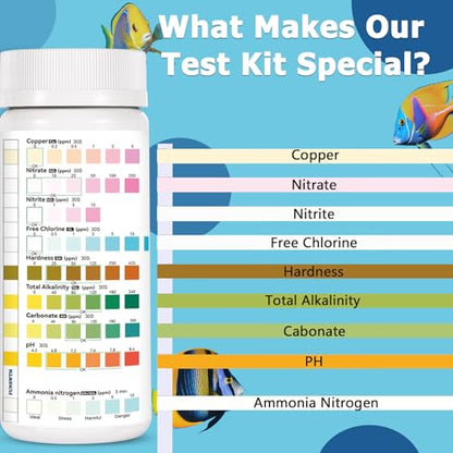 Aquarium Test Strips for Fish Tank: 9 in 1 Aquarium Water Test Kit for Freshwater - 150ct Fish Test Strips Testing Ammonia pH Nitrate Chlorine Nitrite Hardness Alkalinity Copper - size: 9 in 1 - 150 Count