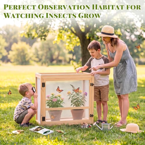 Wooden Butterfly Habitat Cage Kit Monarch Caterpillar Enclosure with Mesh Tent & Wood Frame, Detachable Insect Observation House for Kids Outdoor Garden (20") - size: 20"