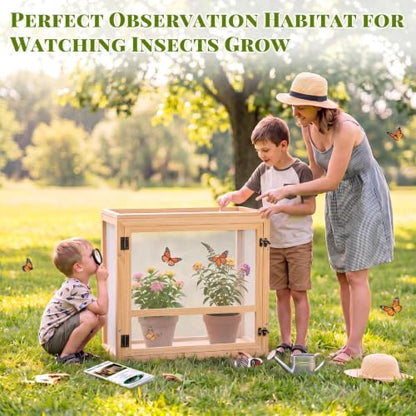 Wooden Butterfly Habitat Cage Kit Monarch Caterpillar Enclosure with Mesh Tent & Wood Frame, Detachable Insect Observation House for Kids Outdoor Garden (20") - size: 20"