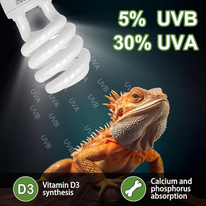 UVB Reptile Light, 5.0 26W UVA UVB Light for Reptiles, Spiral Compact Fluorescent UVB Bulb for Chameleons Tortoise Iguanas and Snakes - size: 6.5 in 5.0