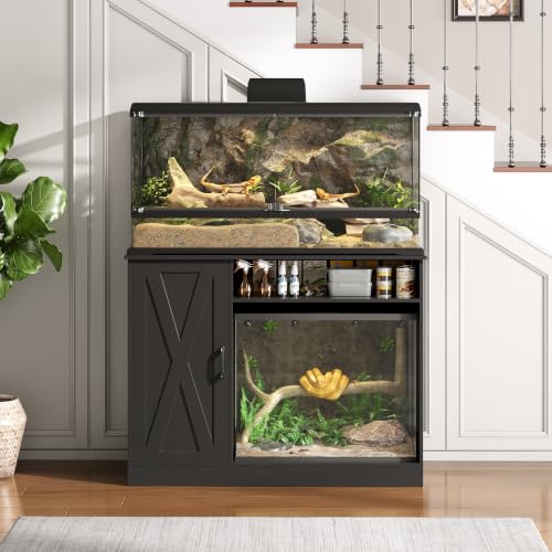 Herture 120 Gallon Reptile Tank Stand,48 X 24 for 120 Gallon Reptile Tank | with Storage Cabinet, Outlet Power, Adjustable Shelf, Double Terrarium Stand for Bearded Dragon Snake FEED001B Black