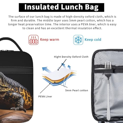 Lunch Bag for Men Women Adults Insulated Lunch Box,Leakproof Cooler Food Lunch Containers Reptile Monitor Lizard Reusable Lunch Tote Bags Cute LunchBox for Work, Travel, Outdoor