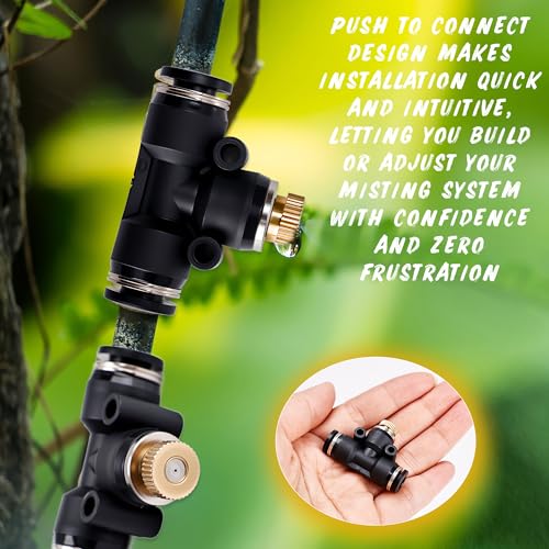 72 Pcs Brass Misting Nozzles Kit Includes 30 Heavy Duty Nozzles 30 Black Three Way Bases 6 Black Plastic Plugs 6 Brass Solid Plugs Suitable for Outdoor Cooling Systems