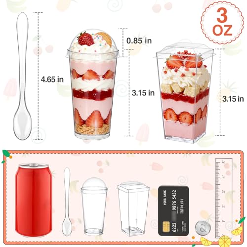 Eupako 100 Pack 3 oz Plastic Dessert Shooter Cups with Lids Assorted Shape - 50 Square & 50 Round Mini Clear Appetizer Cup, Small Dessert Cup for Jello Shots, Parfait, Puddings, Mousse - style: Round & Square - 3 oz - 100 Set