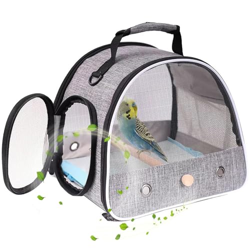 Small Bird Travel Carrier, Portable Mesh Vented Bird Carrier Cage for Parakeet, Parrot, Cockatiel, Guinea Pig, Bearded Dragon Reptile Carrier for Hiking Vet Visit Bicycle Ride (Grey, Mesh Window) - color: Grey