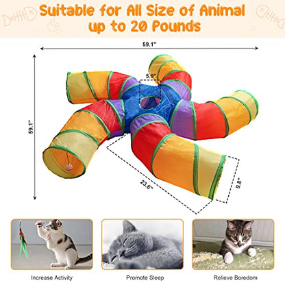 Depets Cat Tunnel for Indoor Cats, Large Collapsible Cat Tube Toys, 5-Way | Pet Play Tunnel with Interactive Peephole & Play Ball, S-Shaped, for Kittens Puppies Rabbits Indoor Exercise, Polyester